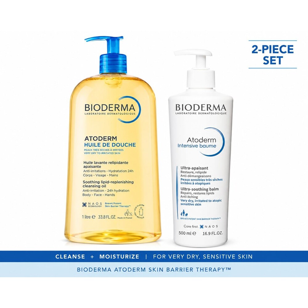 Bioderma Atoderm Cleansing Oil 1L + Intensive Baume 16.9 oz 2 Pc Set NEW